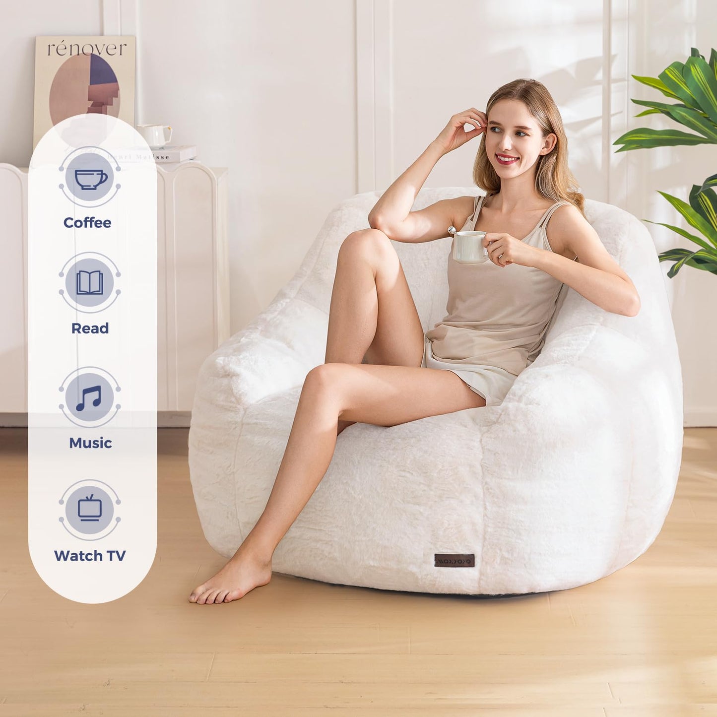 MAXYOYO Bean Bag Chair, Comfy Bean Bag Sofa with Back Support, Faux Fur Bean Bag Chair for Adults and Kids, Stuffed Floor Sofa for Living Room, Bedroom, Apartment, Beige