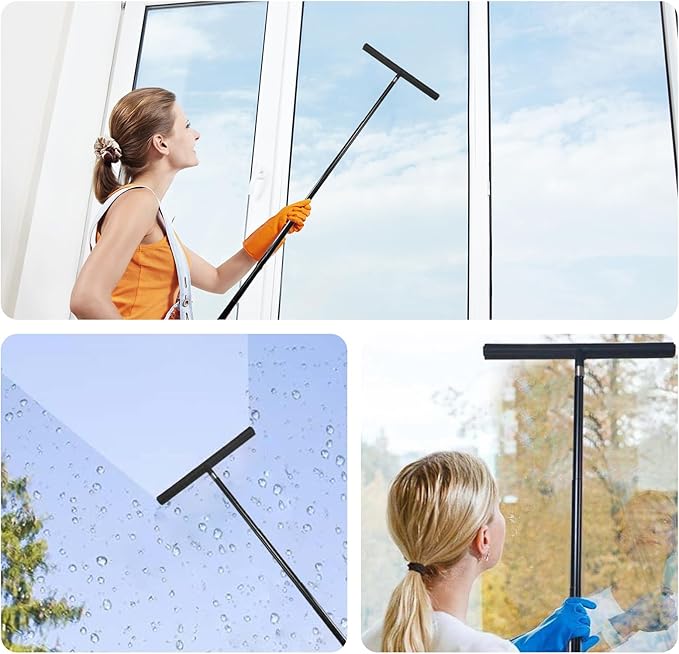 Telescopic Black Shower Squeegee for Glass Doors, Tile Shower Walls, and Bathroom - 13.19x43.13 Inch - Includes Suction Hook, Ideal Squeegee for Shower Glass