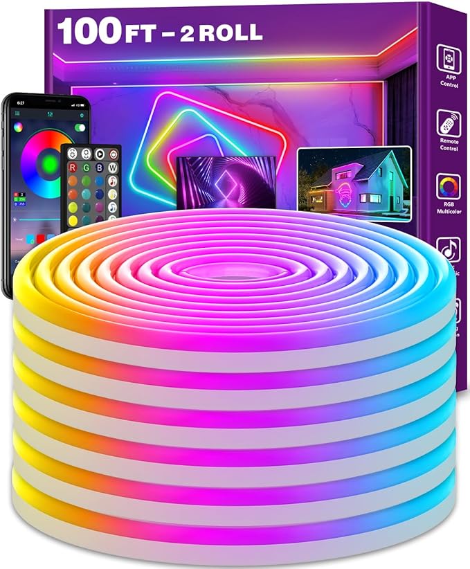 100Ft Neon Rope Lights,Flexible Led Rope Lights Control with App/Remote,Multiple Modes Rope Lights,IP65 Outdoor RGB Led Ne...