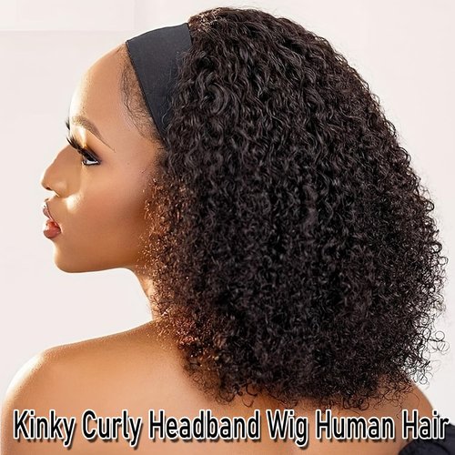 Coshgirl Headband Wig Human Hair Kinky Curly Human Hair Headband Wigs 22Inch Glueless None Lace Front Wig Curly Headband Wig Human Hair Brazilian Virgin Wigs for Black Women 150% Density