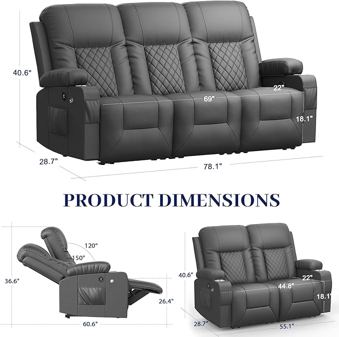 FURNIMAT Oversized Recliner Sofa Set with 2+3 Pieces in Living Room, PU Leather Loveseat Recliner Couch, Modern 3 Seats Dual Reclining Sofa with Cup Holder and 2 Cell Phone Holder, USB Ports, Gray