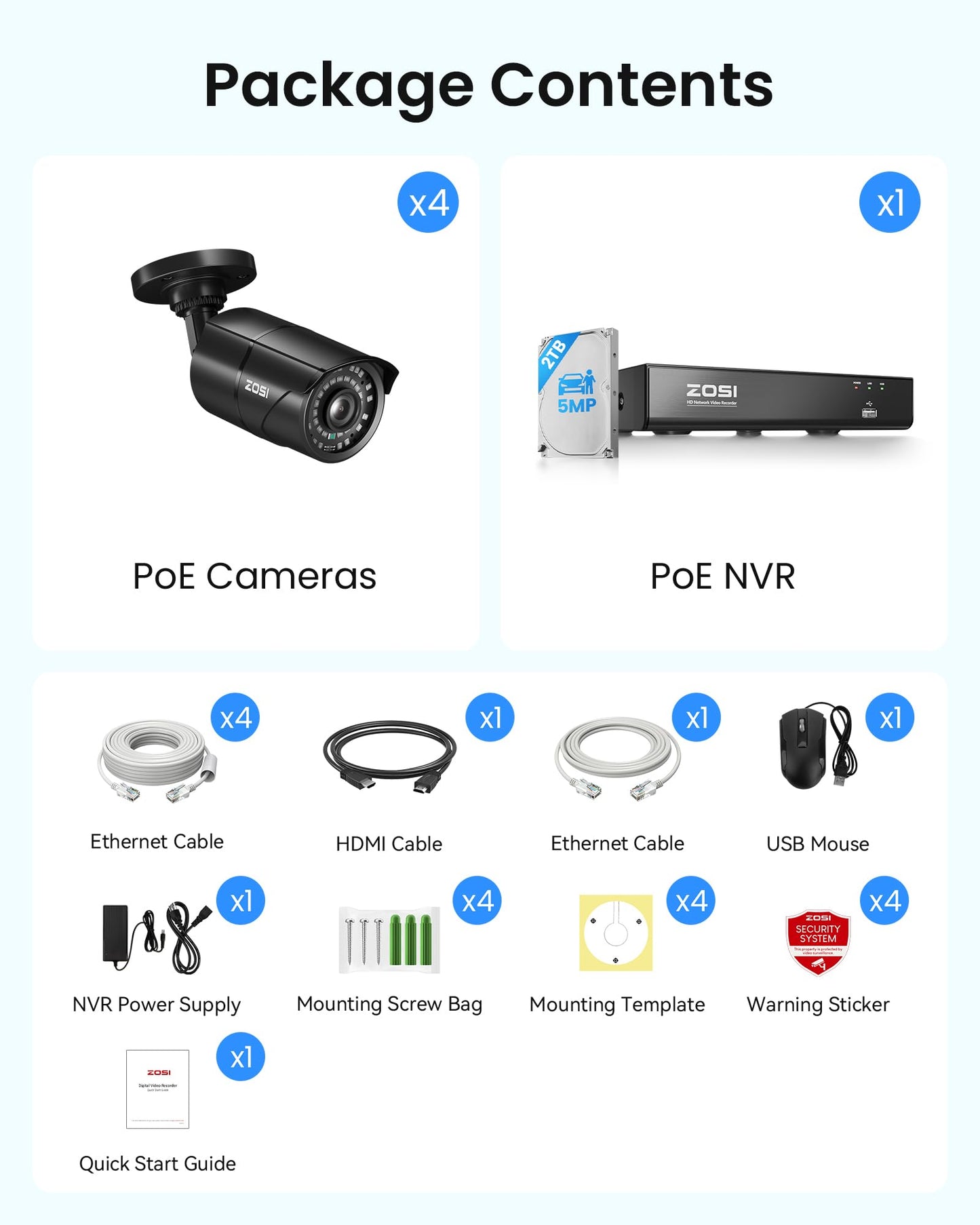 ZOSI 4K PoE Security Camera System, H.265+ 8CH NVR with 2TB HDD (16CH Expandable), 4 x 5MP 3K IP PoE Cameras Outdoor Indoor, AI Human Vehicle Detection, Remote Viewing, 24/7 Recording, IR Night Vision