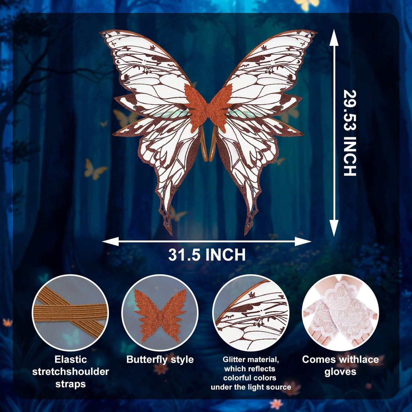 NUVCELKA Fairy Wings for Adults & Girls, Butterfly Costume with Lace Gloves, Large 31.5" Fantasy Wings for Halloween Cosplay (Auburn)
