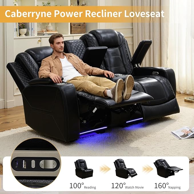 Caberryne Power Recliner Sofa with LED Lights,Leather Reclining Loveseat with Double Recliner/USB Port/Storage Console/Cup Holder for House/Home Theater(2 Seater Loveseat,Black)