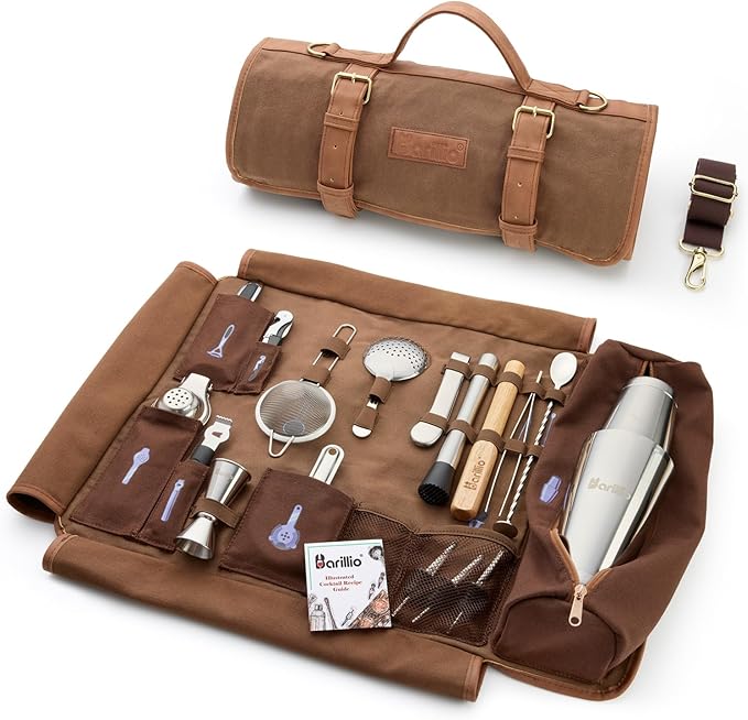 Barillio Bartender Kit Bag with Cocktail Shaker Set - Waxed Canvas, Traveling Bar Tools Bag with 17-Pc Cocktail Kit - Trav...