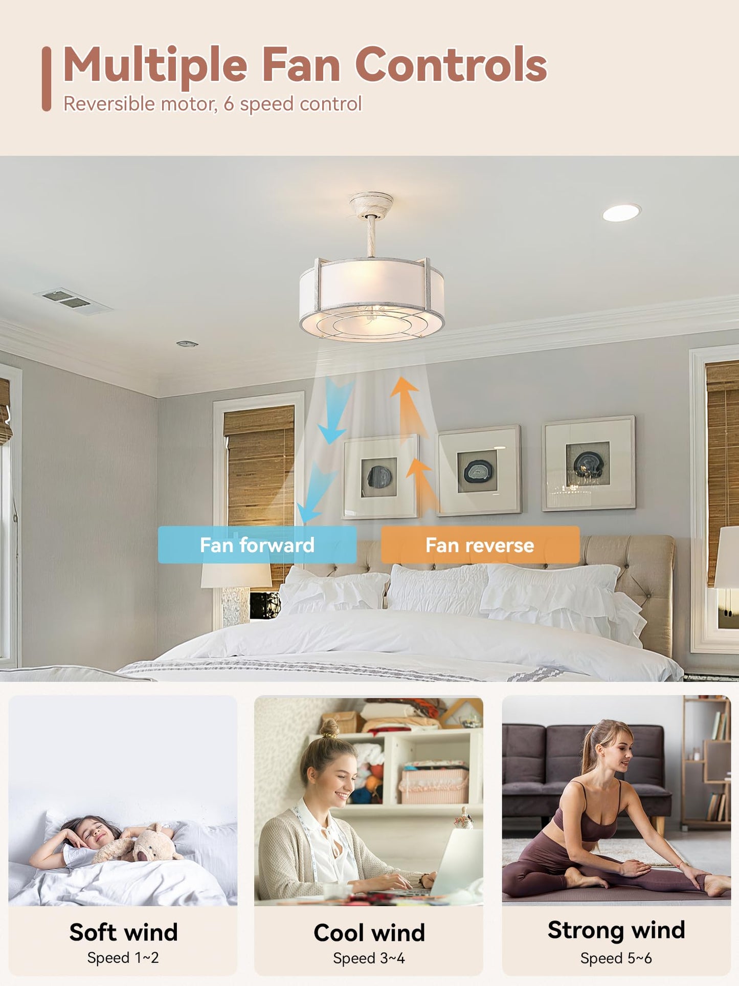 Ymkskj 20 White Fandelier Ceiling Fans With Lights, Boho Rattan Ceiling Fan With Light Remote Control, Caged Mid-Century Modern