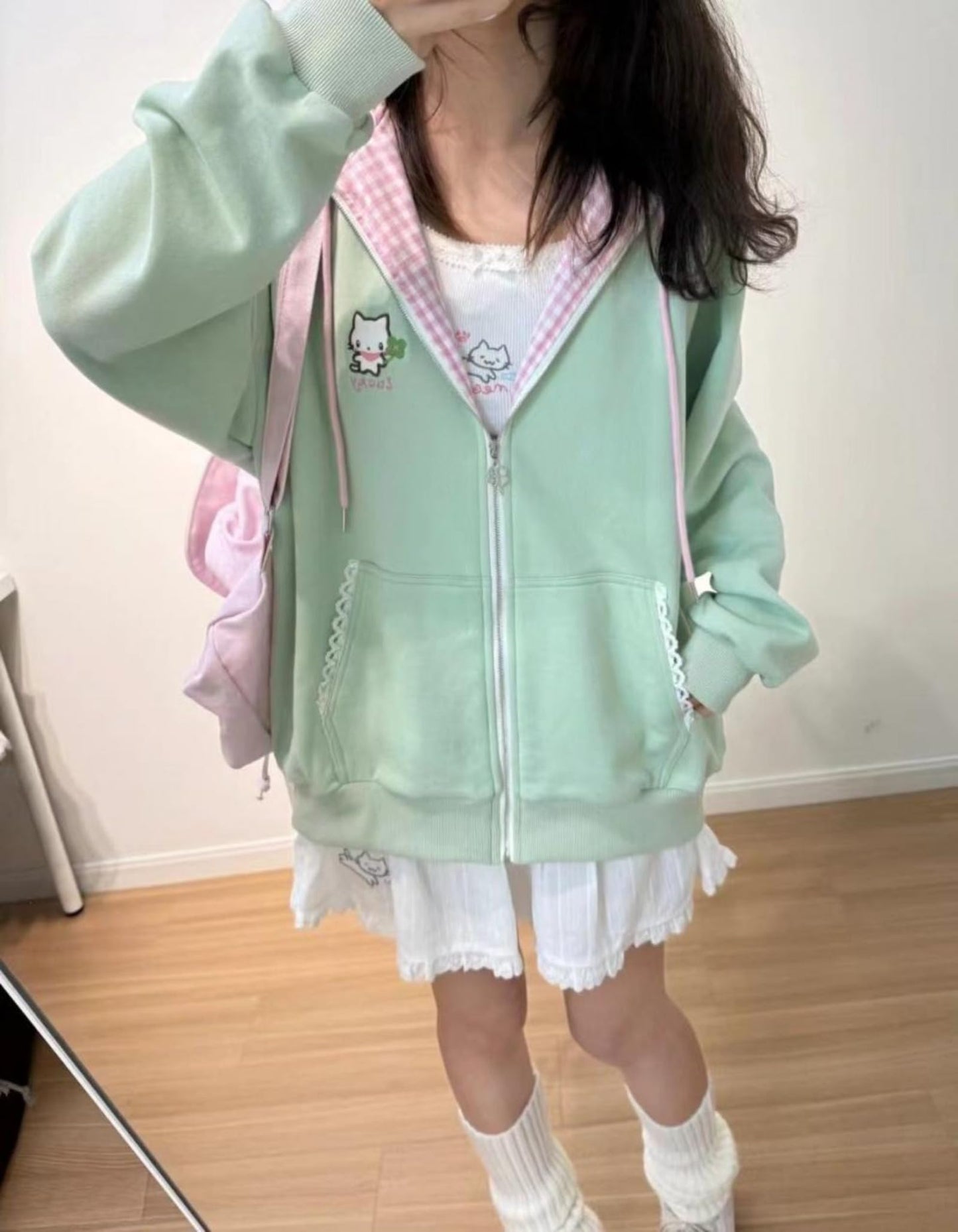 Pokn Y2K Jojifuku Cutecore Kawaii Hoodie Clothes Women Long Sleeves Tops Graphic Cutecore Shoujo Clothes (Medium,Green1)