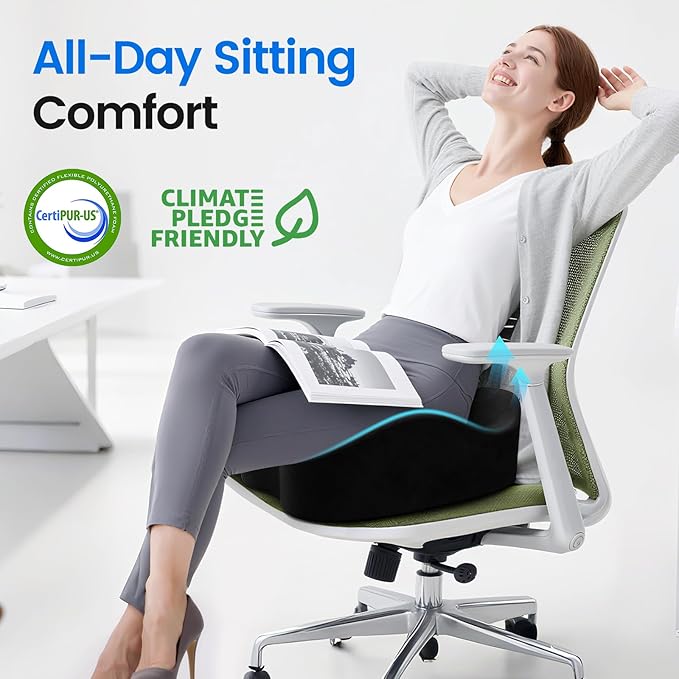 SofterCharm Seat Cushion with Carry Handle, Memory Foam for Tailbone/Sciatica Easing, Chair Cushions for Cars, Desks, Office Chair Cushion with Non-Slip Design, Ideal for Post-Surgery Recovery (Black)