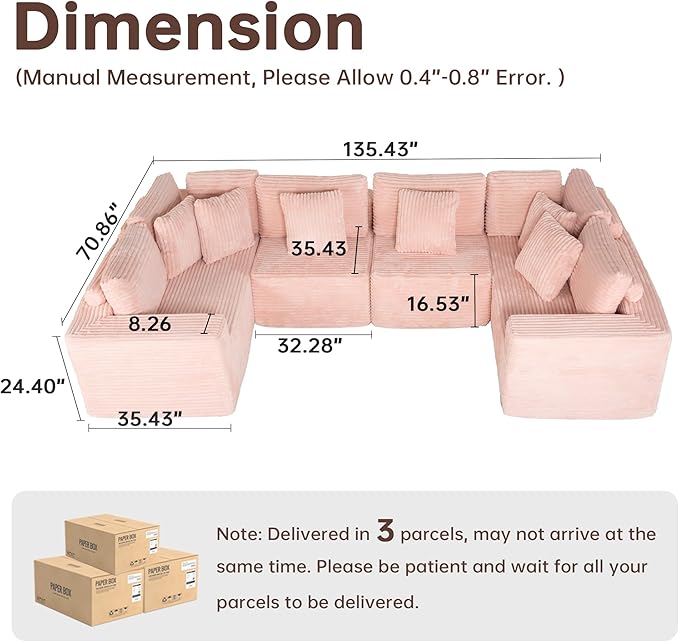 135.5" Cloud Sectional Couch,Boneless Corduroy Sofa for Living Room,Oversized U Shaped Sofa with Chaise,Deep Seat,No Assembly Required,Modular Sectional Sofa（Pink）
