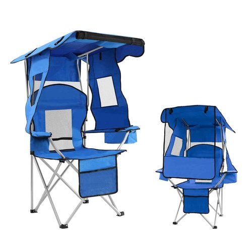 ptlsy Beach Chair with Canopy Shade Folding Camping Chair for Adults with Cup Holders, Cooler Bag for Camping, Fishing, Beach, Sports and Concert (Blue)