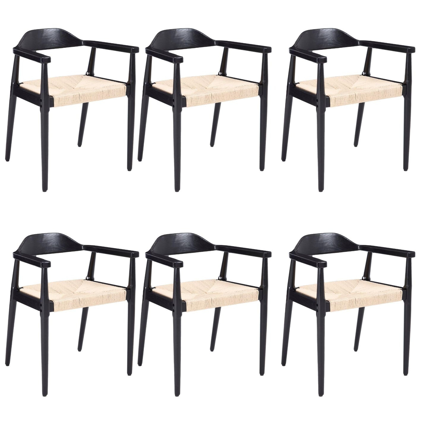 Mid Century Dining Chairs Set of 6, Black Wood Modern Kitchen Chairs with Arms, Woven Rope Dining Table Chairs with Hemp Seat