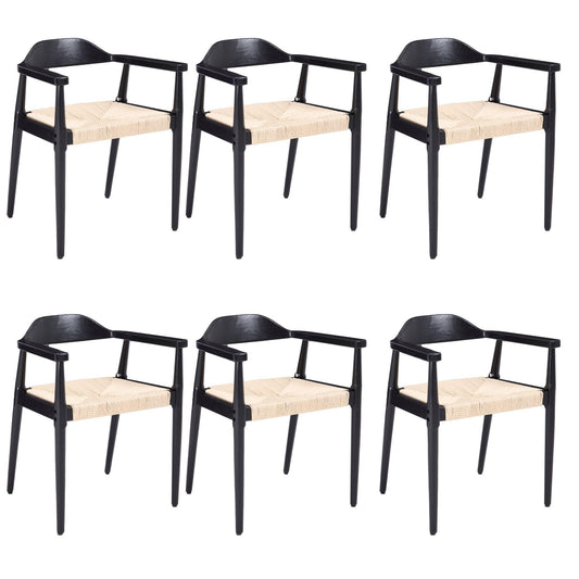 Mid Century Dining Chairs Set of 6, Black Wood Modern Kitchen Chairs with Arms, Woven Rope Dining Table Chairs with Hemp Seat