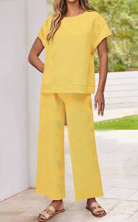 PRETTYGARDEN 2 Piece Outfits For Women Casual Tracksuit Short Sleeve Tops And Wide Leg Long Pants Matching Lounge Sets