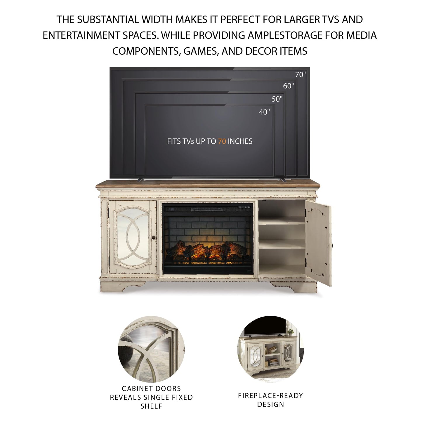 Signature Design by Ashley Realyn Vintage Casual TV Stand with Electric Fireplace, Heats Larger Rooms, Bronze Hardware, Wood, 74' Wide, White & Brown