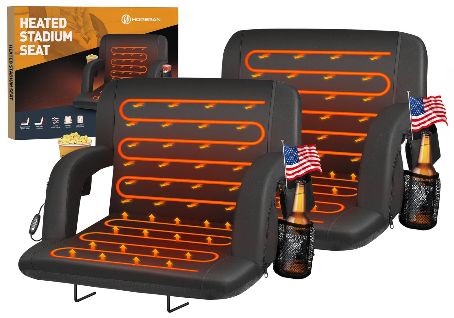 HOPERAN Heated Stadium Seats for Bleachers with Back Support Wide Cushion, Extra Portable Bleacher Seat Foldable Stadium Chair, USB 3 Levels of Heat, Pockets for Outdoor Indoor Sports 23" Black 2pcs