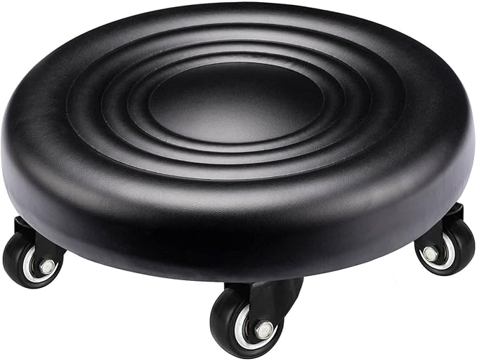 IMMER LIEBEN Low Rolling Stool with Wheels Low to Ground Roller Seat with 5 Universal Swivel Caster Wheels for Home Office Garage Shop Stools PU Leather High Density Cushion and Steel Black