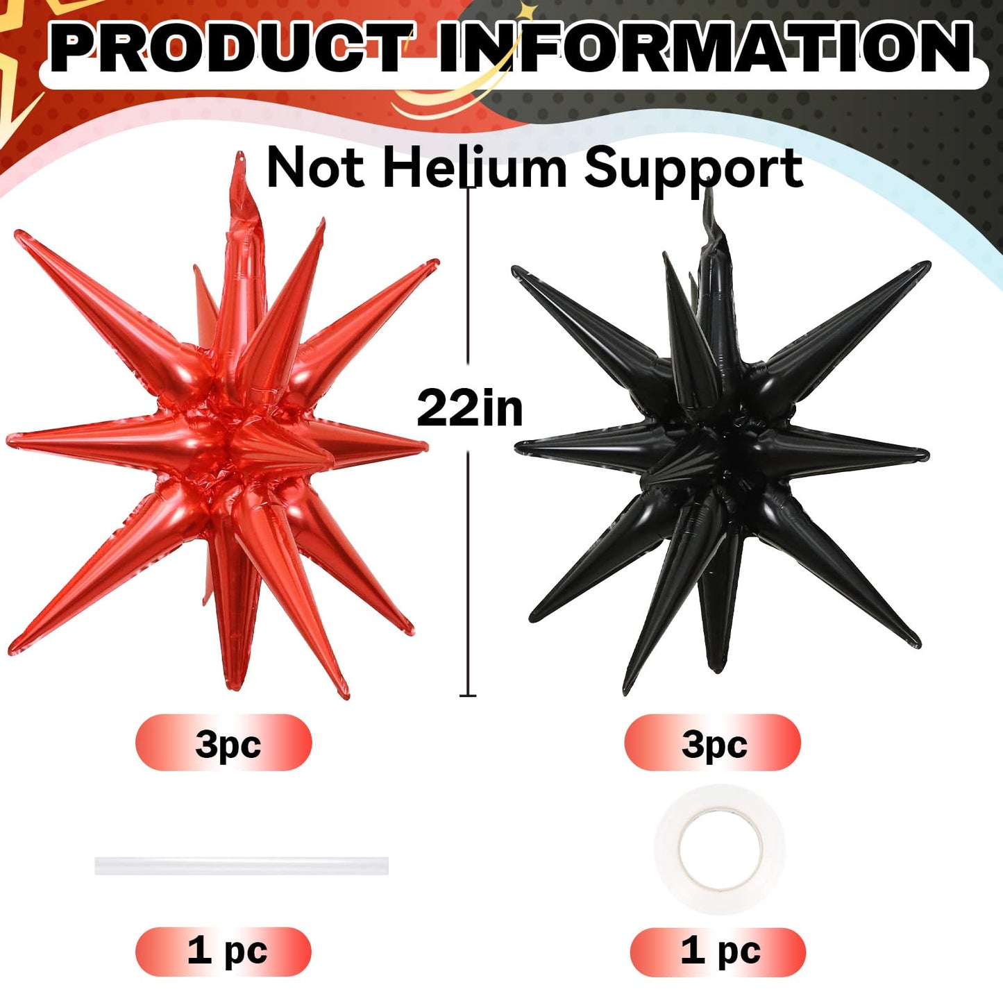 HILAVO 6PCS Black Red Star Balloons, 22Inch Large Star Balloon Foil Balloons Spike Cone Balloon for Birthday Anniversary New Year Halloween Vampire Casino Party Decorations