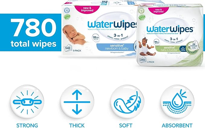 WaterWipes Bundle, Original 540 Count (9 packs) & Textured Clean Wipes 240 Count (4 packs), Plastic-Free, 99.9% Water Based Wipes, Unscented, Hypoallergenic for Sensitive Skin, Packaging May Vary