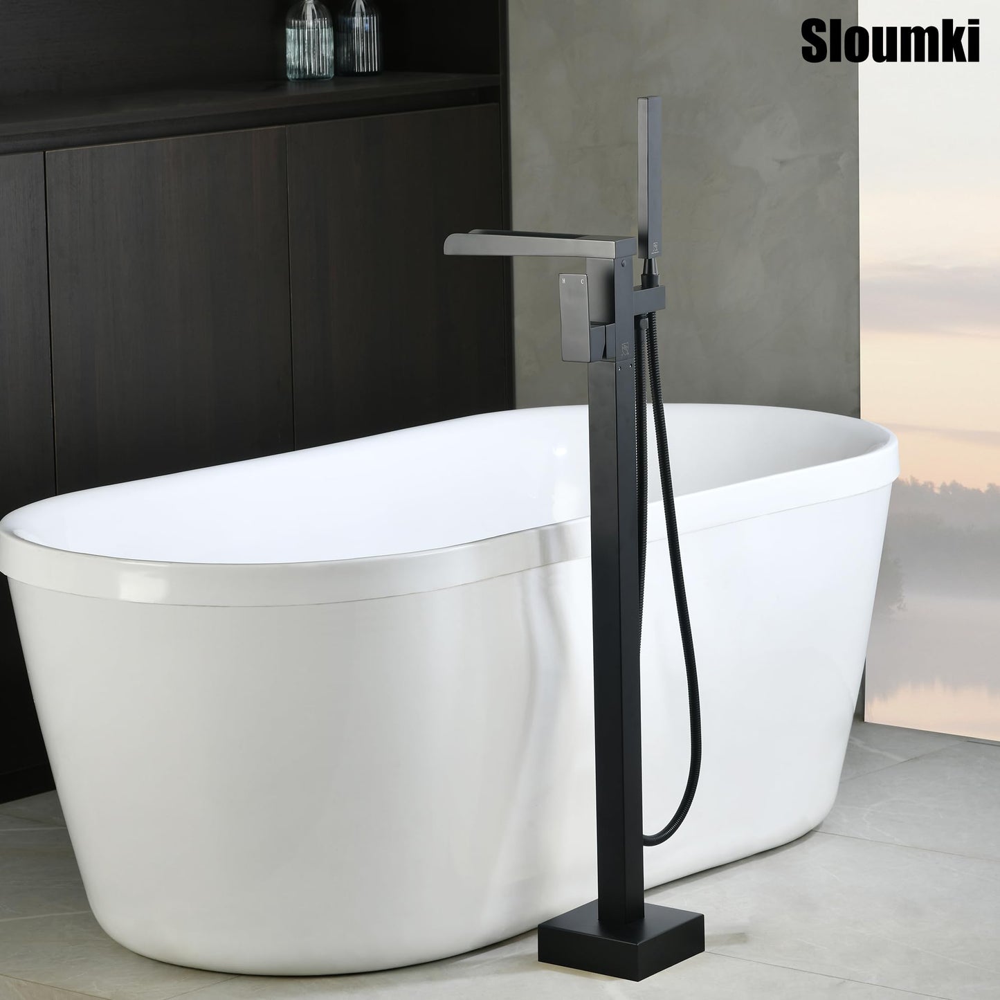 Freestanding Bathtub Faucet Waterfall Tub Filler Black Floor Mount 304 stainless steel Single Handle Bathroom Faucets with Hand Shower