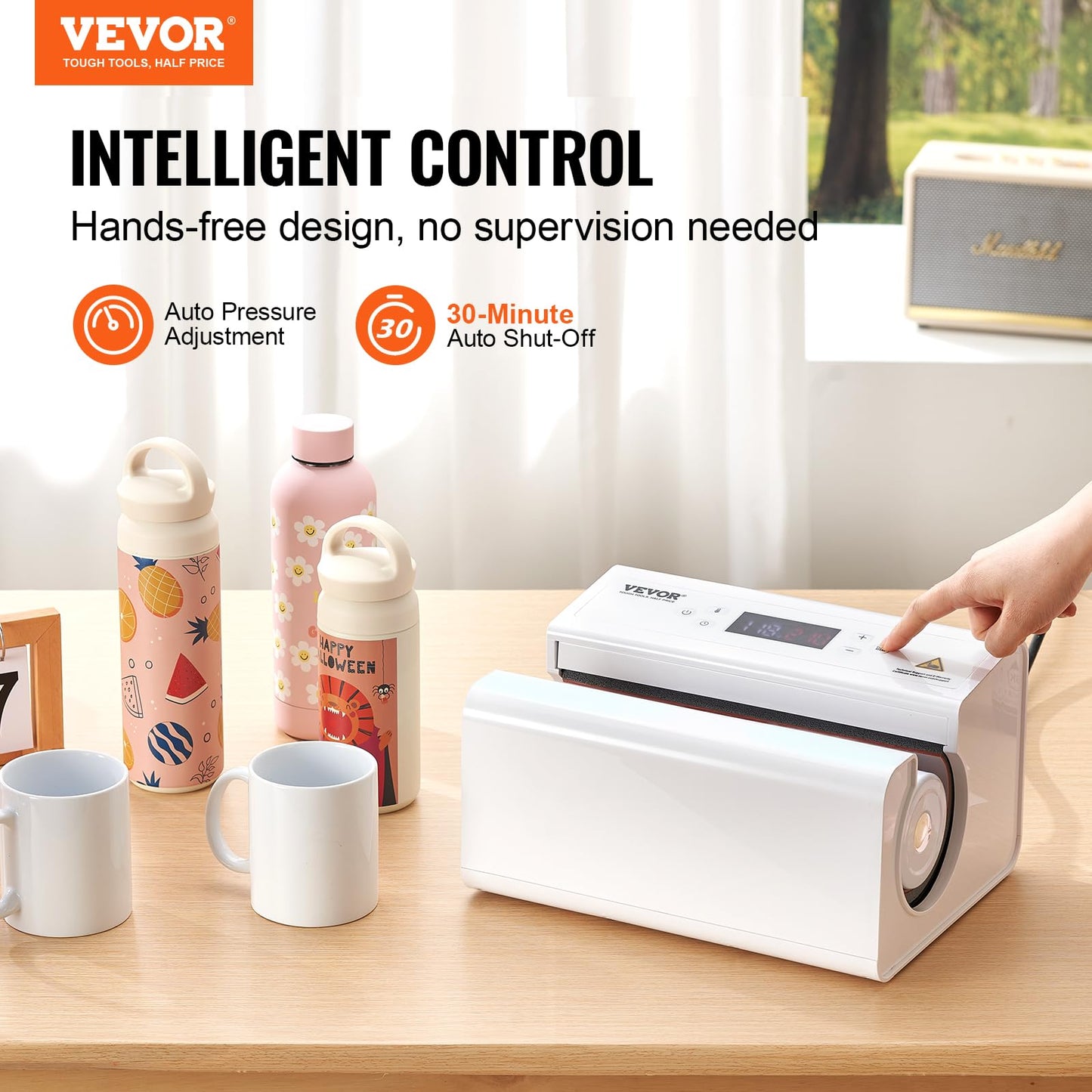 VEVOR Auto Tumbler Heat Press Machine, Automatic Rotation Full Print Mug Heat Press with Temp and Time Setting, Even Heating for 11-30oz Sublimation Tumblers, Mug, Cups (White)