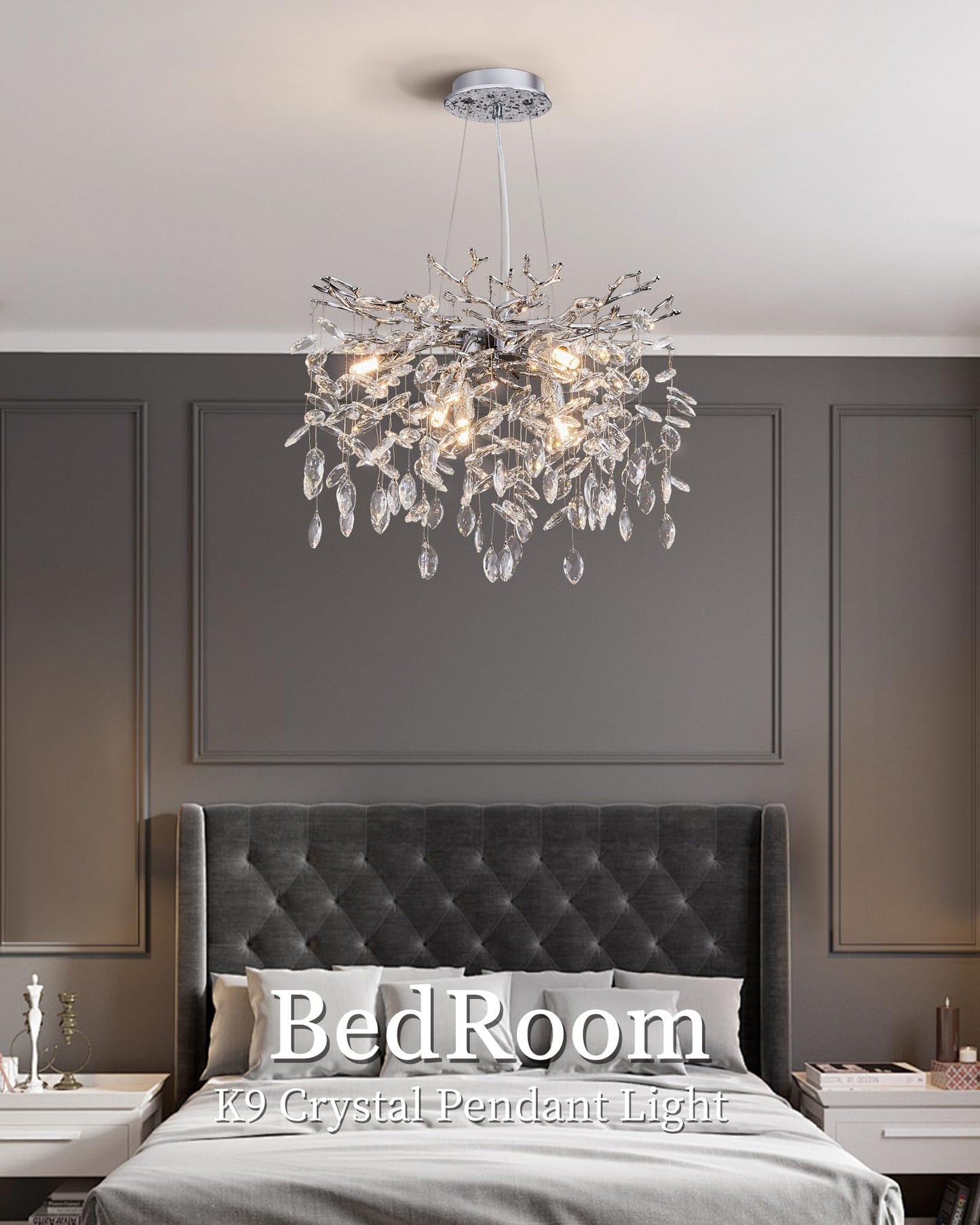 witkey Modern Tree Branch Crystal Chandelier Luxury Silver Crystal Pendant Lighting 18" Contemporary 6-Light Chandeliers for Dining Room Kitchen Bedroom Living Room