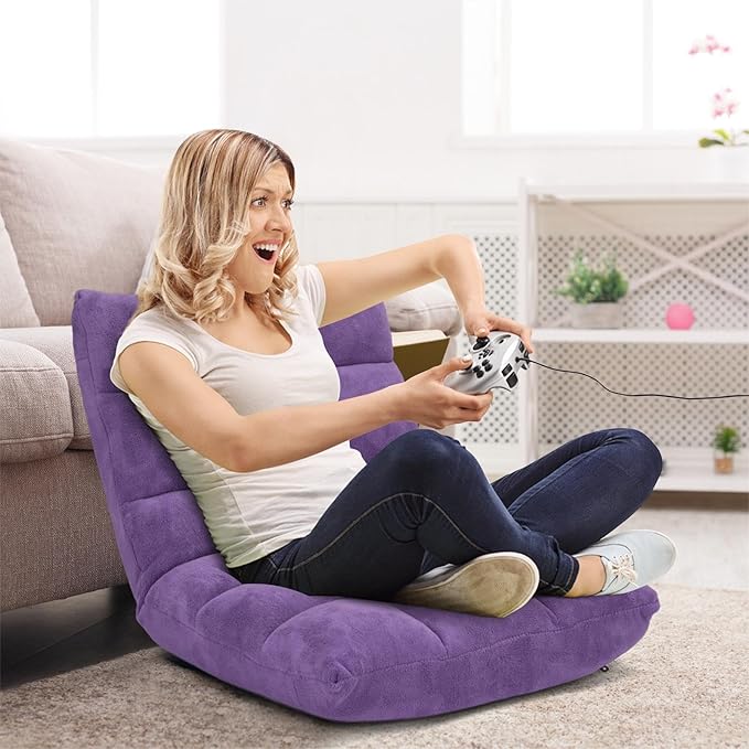 Folding Floor Chair w/Back Support, 14-Position Adjustable Lazy Sofa Chair w/Coral Velvet Fabric & Alloy Steel Frame, Portable Meditation Chair for Reading, Gaming,Sleeping (Purple)