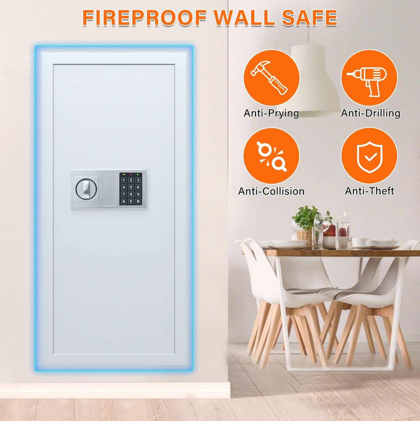 White 29.53" Tall Fireproof Wall Safes Between the Studs 16" Centers, Heavy Duty Combination Lock in Wall Safe with 3 Removable Shelf, Hidden Safe for Money, Jewelry, Document, Passport