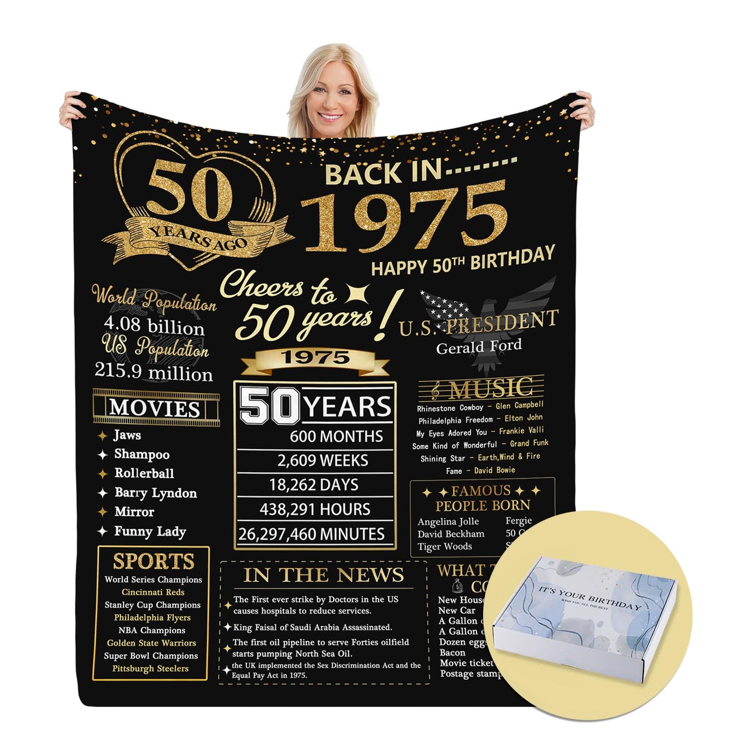 Budalagong 50th Birthday Gifts for Her Him,50th Birthday Gifts for Women Men 1975, 50 Year Old Gift Blanket for Turning 50 Birthday Woman Man