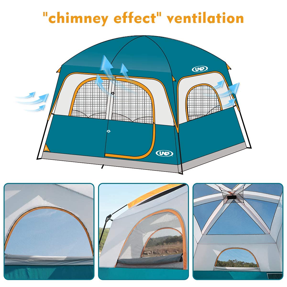 UNP Tents for Camping 6 Person Waterproof Windproof Easy Setup, Double Layer Cabin Tent with 1 Mesh Door & 5 Large Mesh Windows - 10'x9'x78in(H) Blue