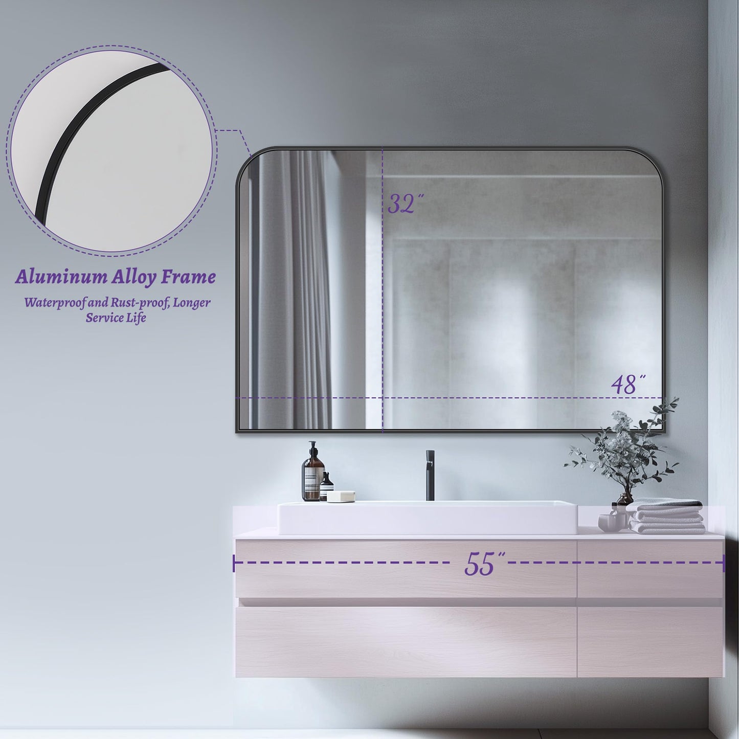 LadyNow Bathroom Mirror, 48x32 Inch Wall Mirror, Black Metal Framed Wall-Mounted Mirrors, Bathroom Vanity Mirror, Mirrors for Over Sink, Bathroom, Living Room, Bedroom, Entryway