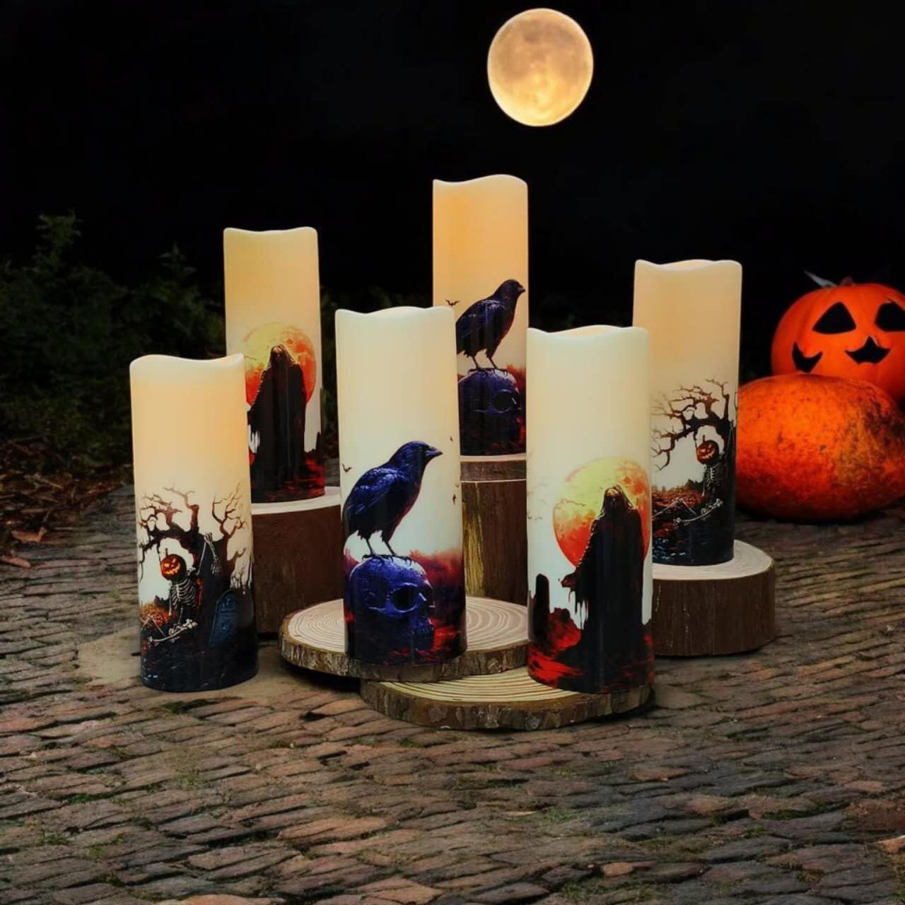 Halloween Flameless LED Candles, Set of 6, Gothic Design with Remote Control, 6 in x 2.15 in, 2AA Battery Operated 400+ Hours, Timer Function, Halloween Decorations in Fall, Indoor/Outdoor Ues.