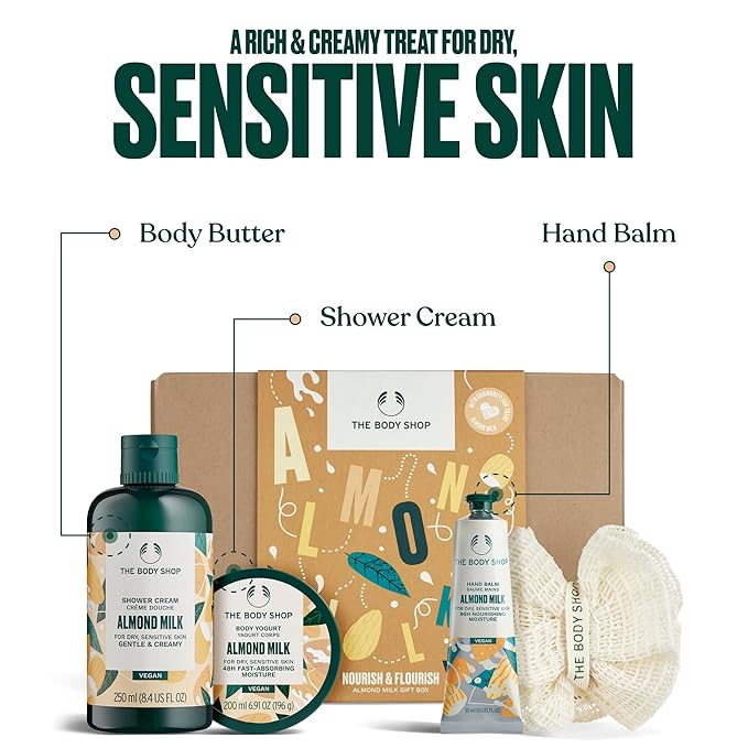 The Body Shop Nourish & Flourish Almond Milk Gift Box - 3 Piece Set, Includes Shower Cream, Body Yogurt, Hand Balm, Vegan
