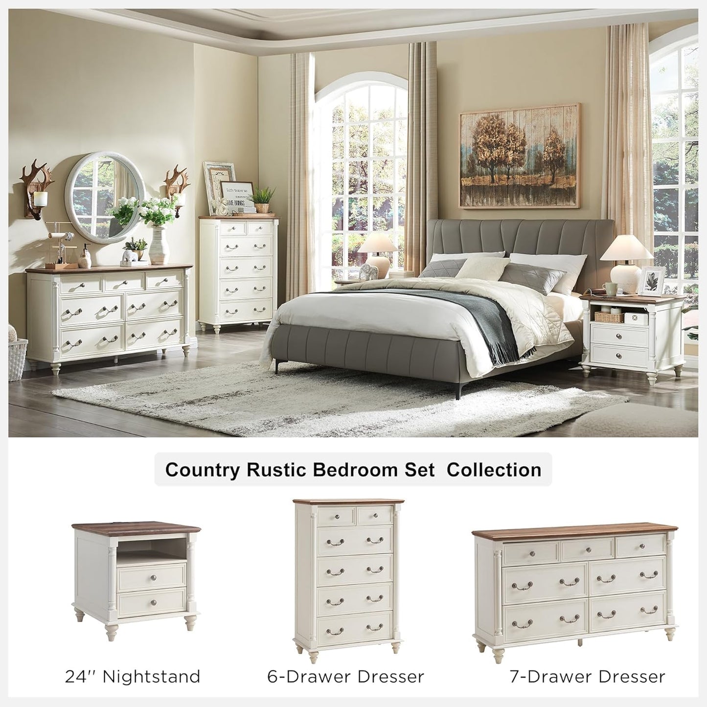 T4TREAM Farmhouse 7 Drawers Dresser Chests for Bedroom with 4 Solid Wood Feet, Tall Wide Wood Country Rustic Chest of Drawers, Storage Dressers for Bedroom, Living Room, Antique White