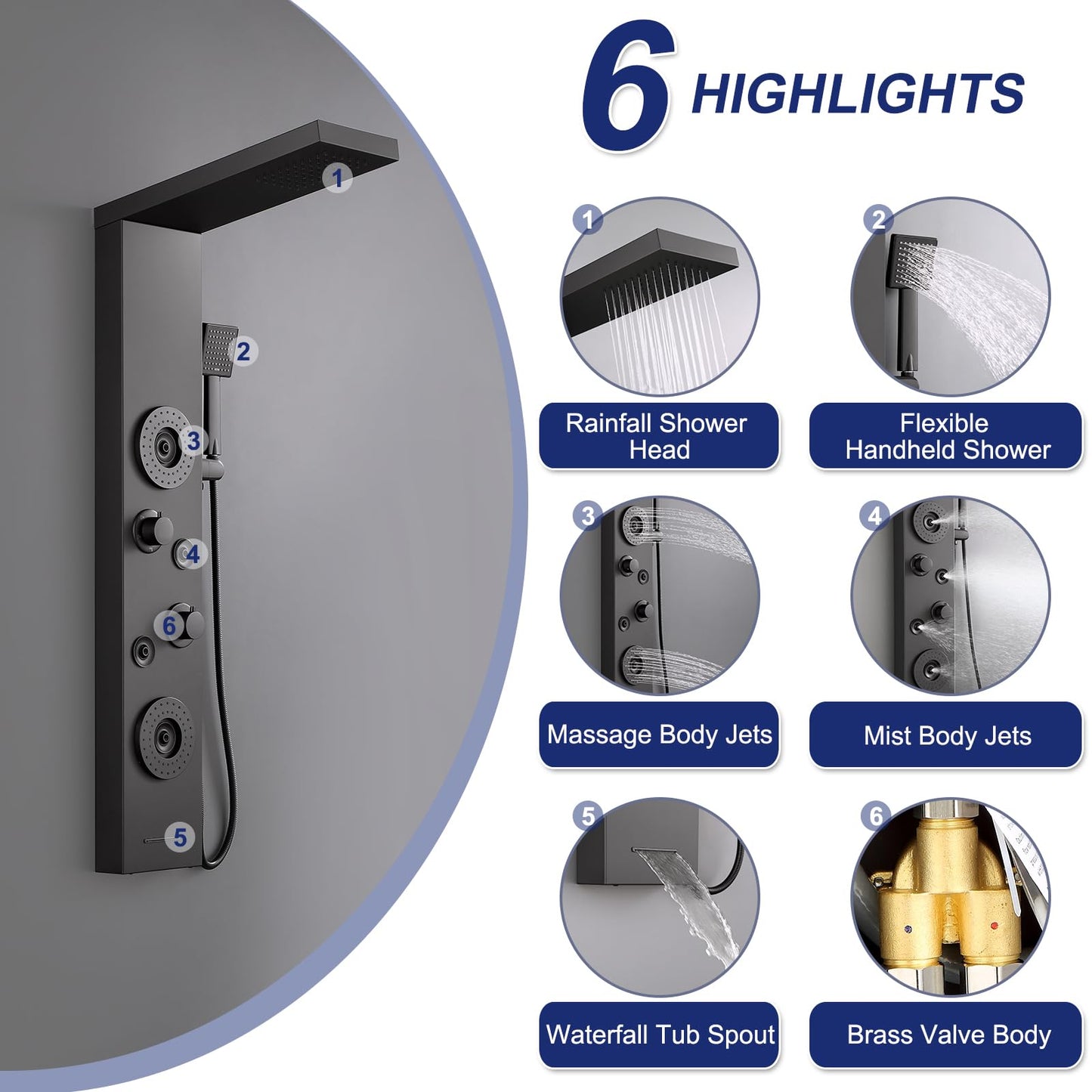 ROVATE Shower Panel Tower System with Rainfall Shower, Elegant Matte Black Shower Tower with Powerful Body Massage Jets, Handheld and Tub Spout, Stainless Steel Shower Column High Pressure