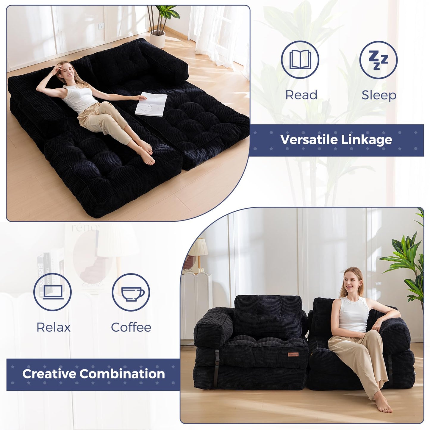MAXYOYO Folding Sofa Bed, L-Shaped Convertible Sofa with Armrest Foldable Sleeper Bed with Pillow, Portable Fold Out Chair Comfy Floor Lounge for Living Room Bedroom, Black