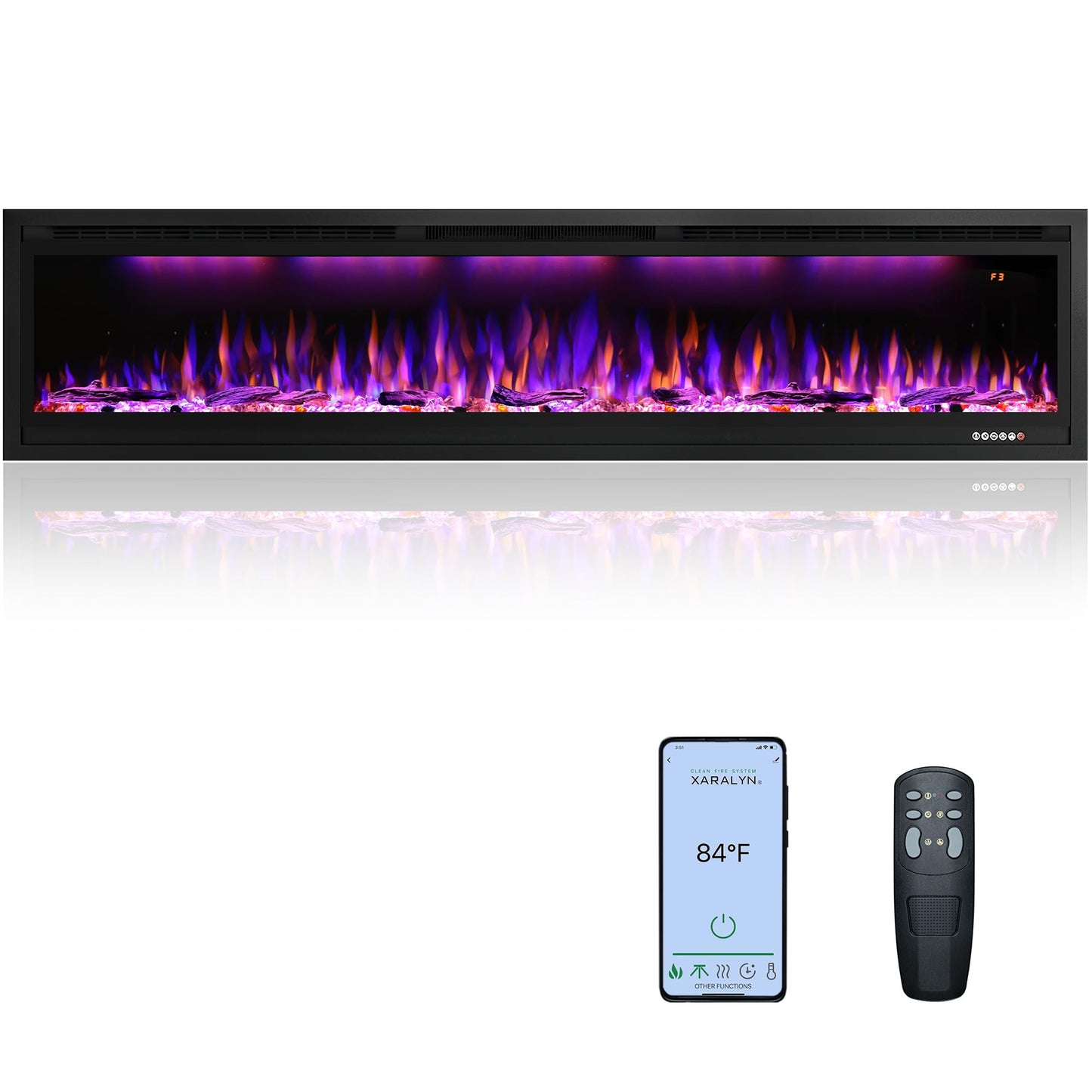 Rodalflame 60" WiFi-Enabled Electric Fireplace Insert, APP Smart Control, Wall Mounted&Recessed Linear Fireplace Heater with Thermostat, Flame&Top Lights, Log&Crystal, Timer
