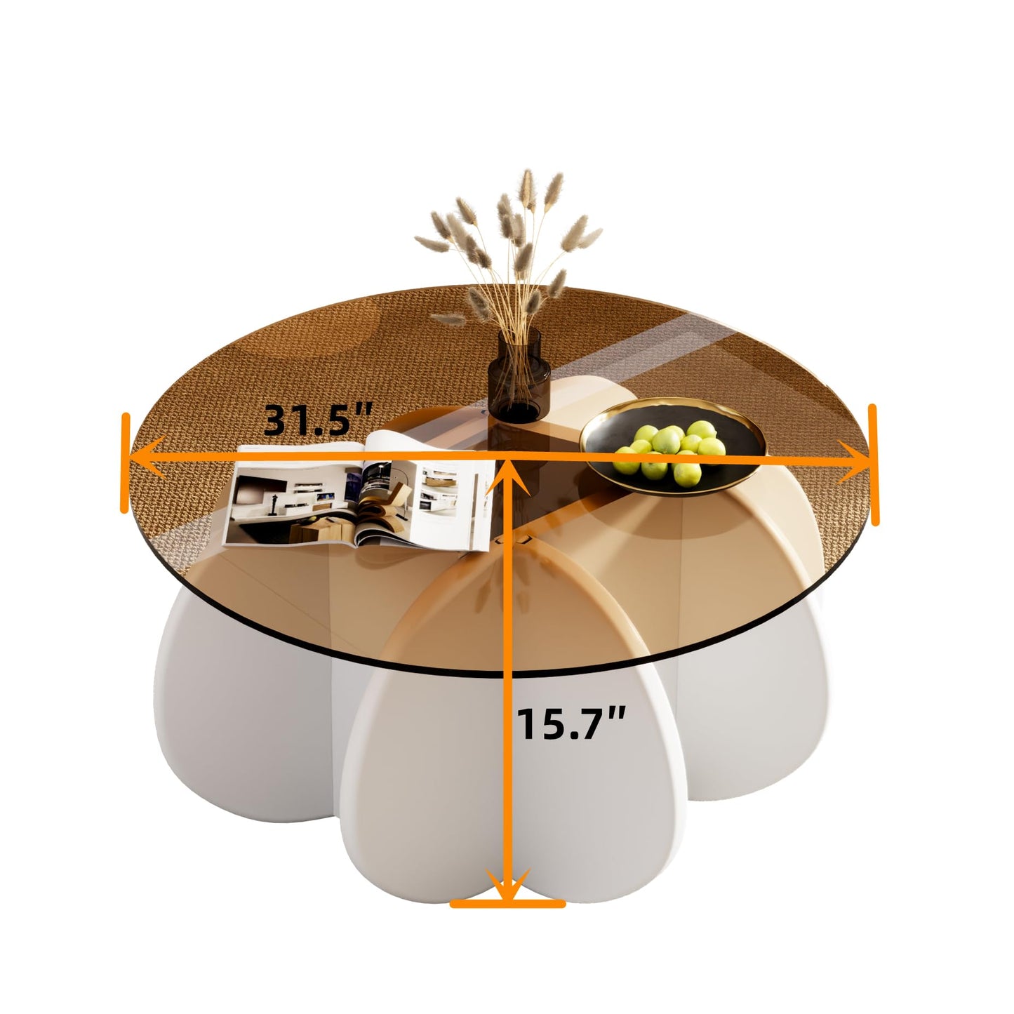 Glass Coffee Table, Mid Century Modern Design, 31.5'' Modern Round Tempered Glass Coffee Tables for Living Room, Cocktail Table for Small Space Home Office. (White + Brown)