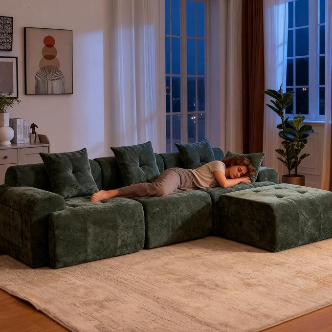 YAAREE 101.65” Modular Sectional Couch for Living Room, 3-Seater Cloud Sofa with Deep Seat, Woven Texture Upholstery Boneless Couch, No Assembly, Green