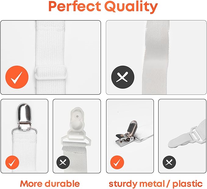 5 STARS UNITED Bed Sheet Straps Set | Easy to Use Adjustable Elastic Fasteners with Metal Clips | Sheet Holders for Corners | Fitted Sheet Clips to Hold Sheets in Place | (4 Pcs White)
