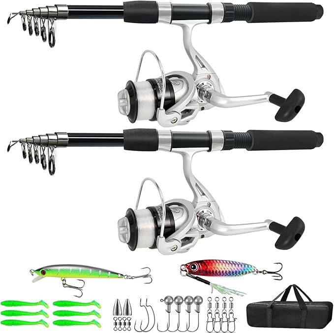 Fishing Pole Combo, 6.9ft 2Pcs Telescopic Rods Set, Collapsible Carbon Fiber Fishing Rods, 2PCS Spinning Reel Set with Car...