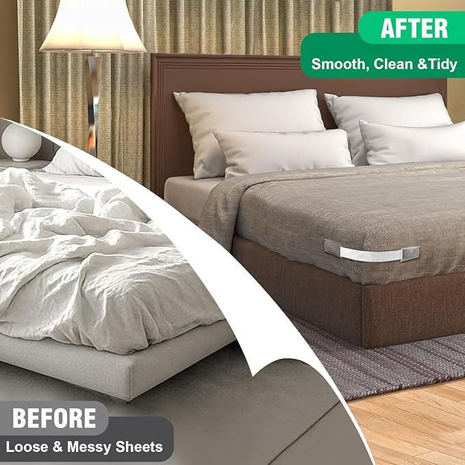 Bed Sheet Holders for Corners, 4Pcs Heavy Duty Fitted Sheet Holder with Lock Fastener Straps &Anti-Slip Pads Keep Sheets Firm&Tight, No More Loose Sheets, Easy Installation for Any Mattress (Beige)