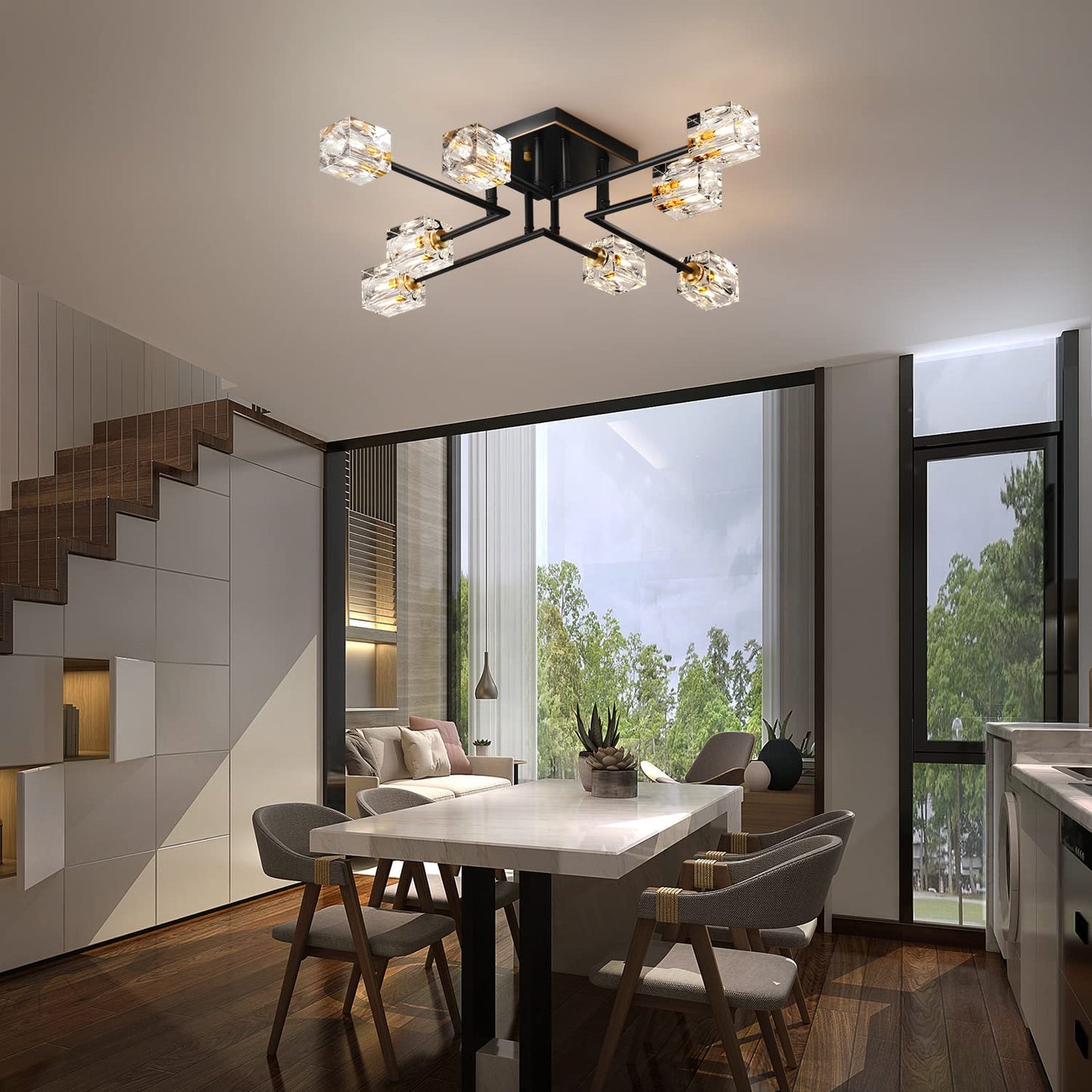 OKES 8-Lights Semi Flush Mount Ceiling Light Fixture,Black and Gold Modern Crystal Chandeliers,Farmhouse Lighting Fixtures for Dining Room Living Room Kitchen Bedroom Entryway