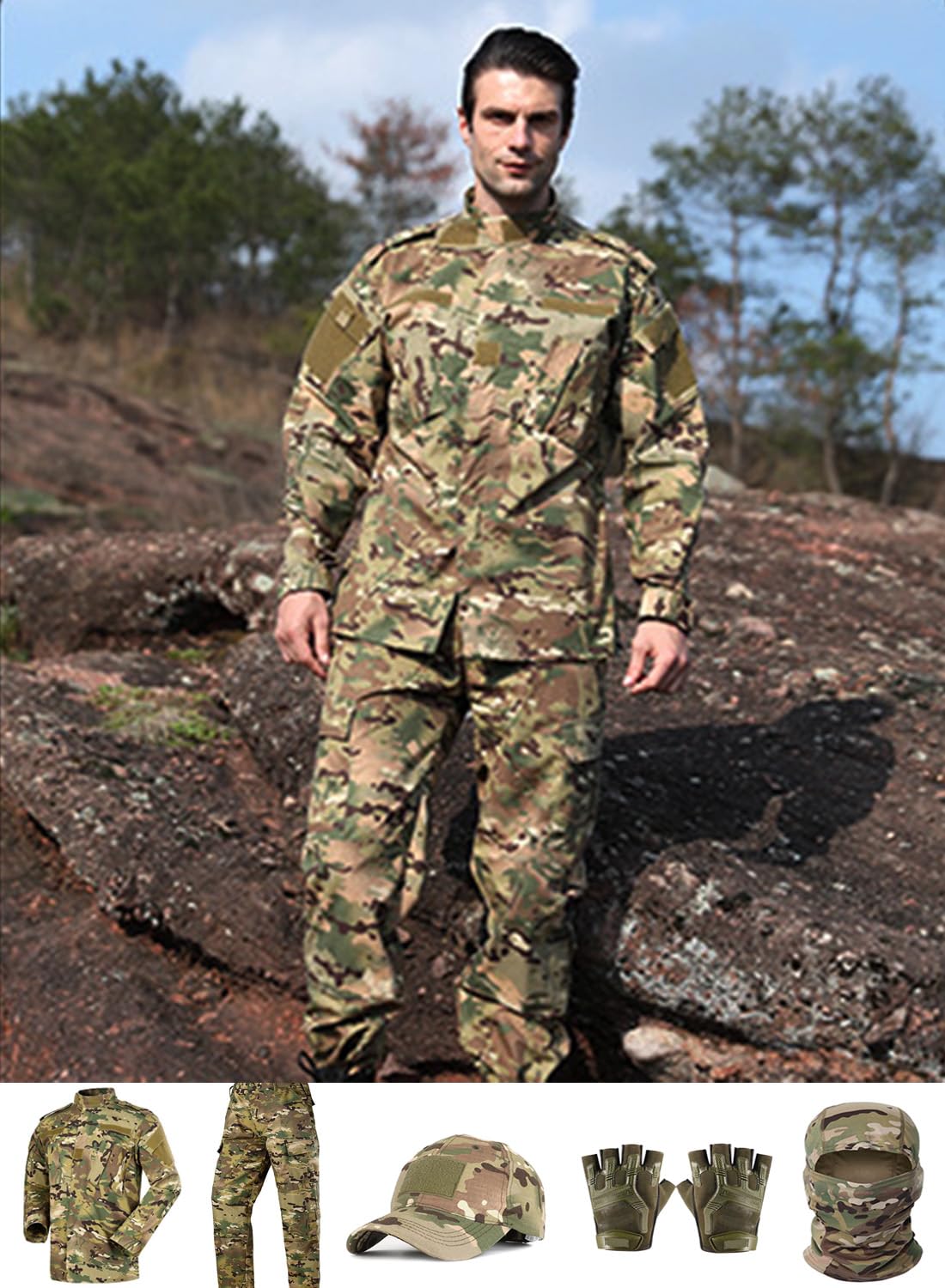 SANYETS Combat Uniform,Tactical Jacket and BDU Pants,Cap Gloves Balaclava Set,Camo Suits Paintball Clothing for Men