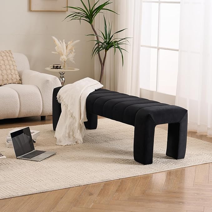 AIITTCC Velvet End of Bed Bench Upholstered Modern 59" Bedroom Bench for King Bed Bench Tufted Window Bench Comfy Long Ottoman for Living Room/Entry/Indoor(Black, 59" Wide)