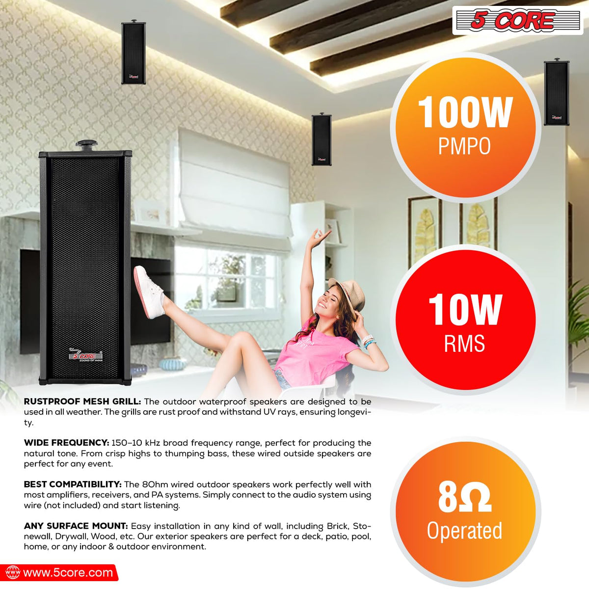 5 CORE Outdoor Speakers Pair Stereo in Wall Speaker 100W Peak Passive Mount Wired Waterproof Patio House Garage Indoor Exterior Audio System Bocinas para Casa - 15TG 2Pcs