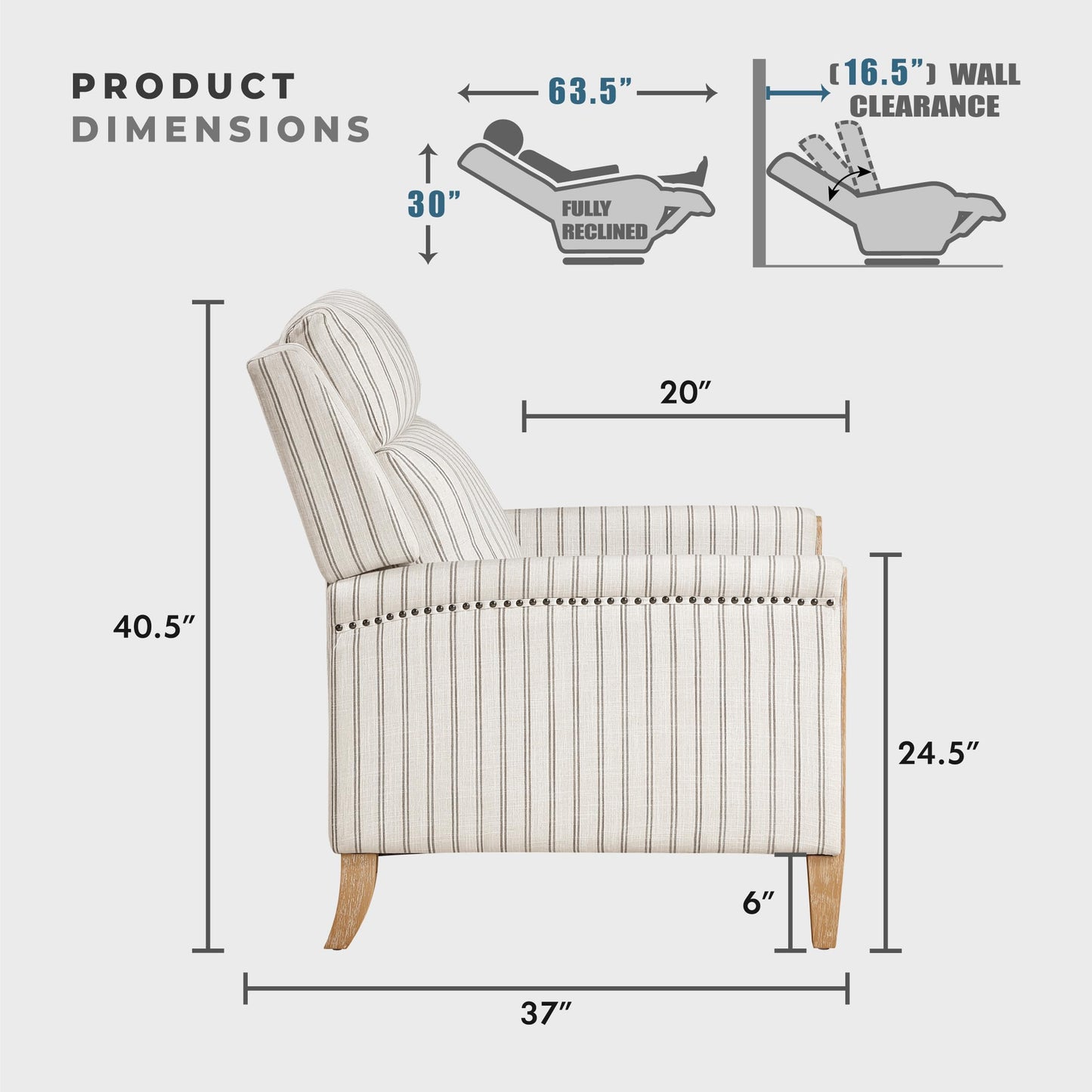 Lexicon Pushback Recliner Chair, Striped Textured Fabric Accent Armchair, Push Back Recliner, Nailhead Trim, Solid Wood Legs, Easy Assembly for Living Room/Office/Apartment, White/Grey