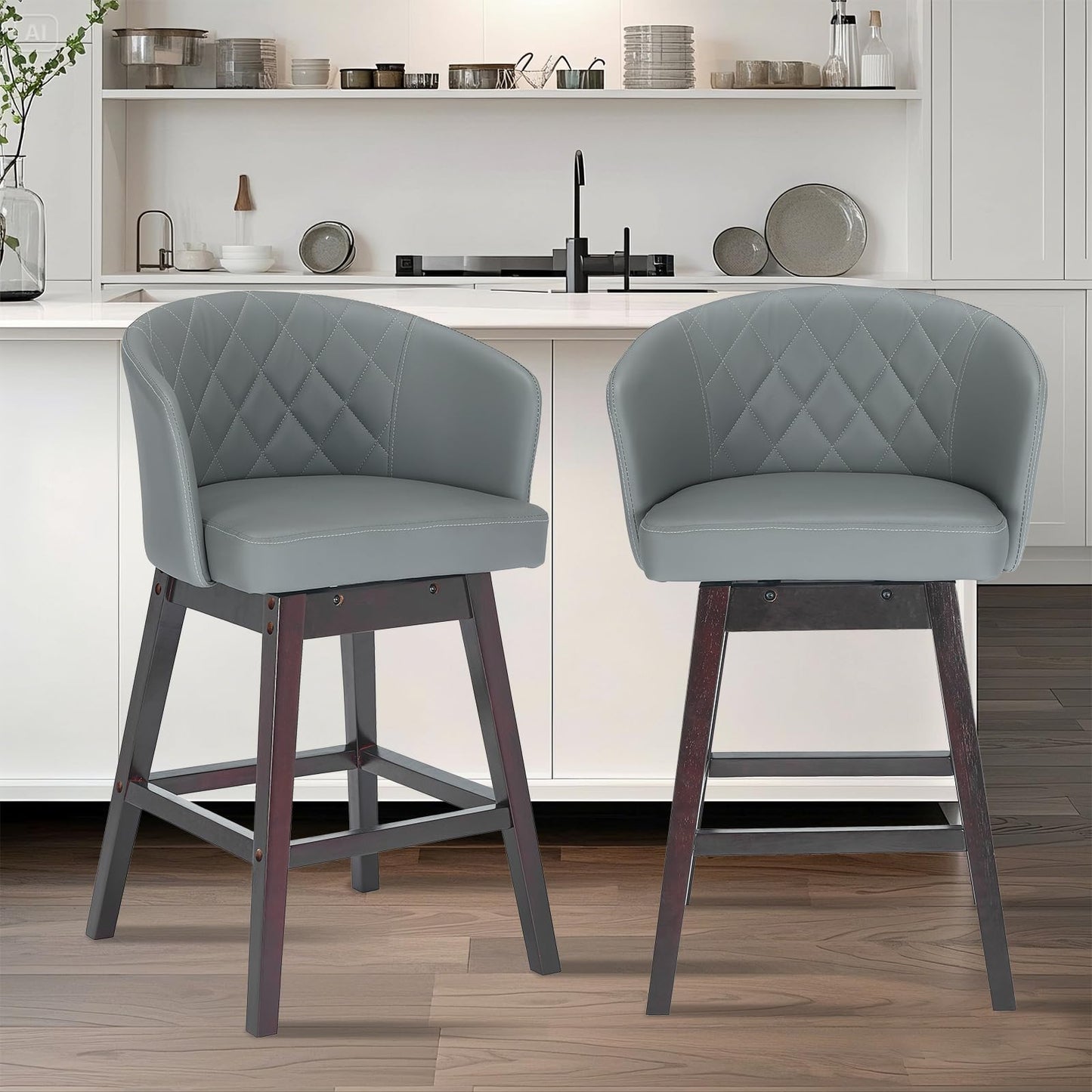 Swivel Counter Height Bar stools with Back,23" Seat Height PU Leather Upholstered Barstools,Mid Century Modern Bar Chairs for Kitchen,Island (LightGray, Set of 1)