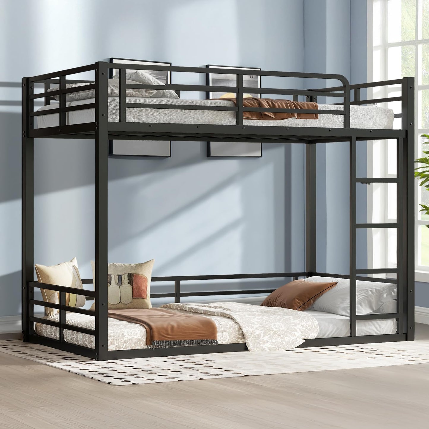 HKOLIE Twin XL Over Twin XL Metal Bunk Bed Frame, Heavy Duty Low Bunk with Full Length Guardrails, Noise-Free Design, Space-Saving Bed for Kids Teens Adults, Black