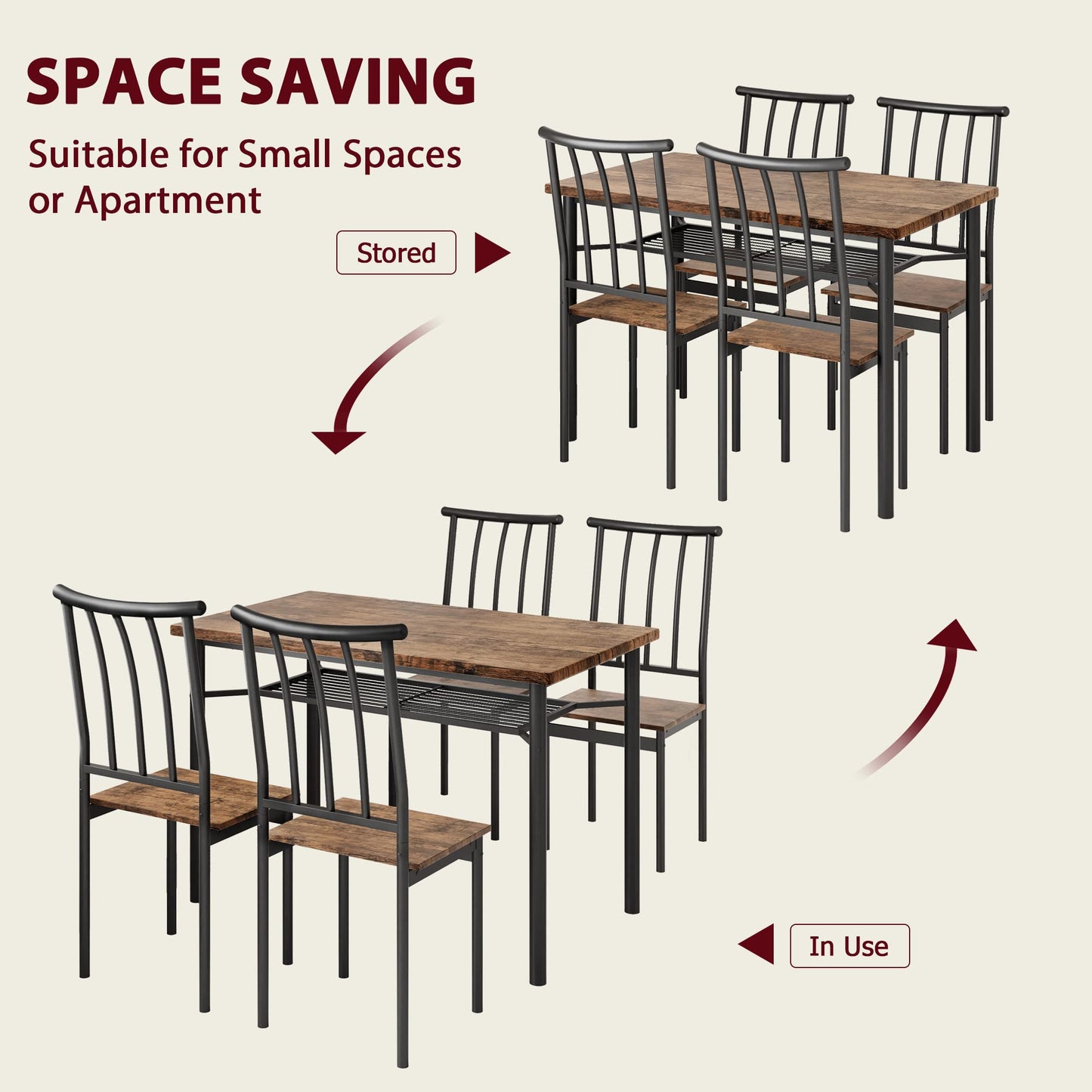 CABIHOME Dining Table Set for 4, Rectangle Kitchen Table Set with Wine Rack, Sturdy Chairs, Rustic Brown