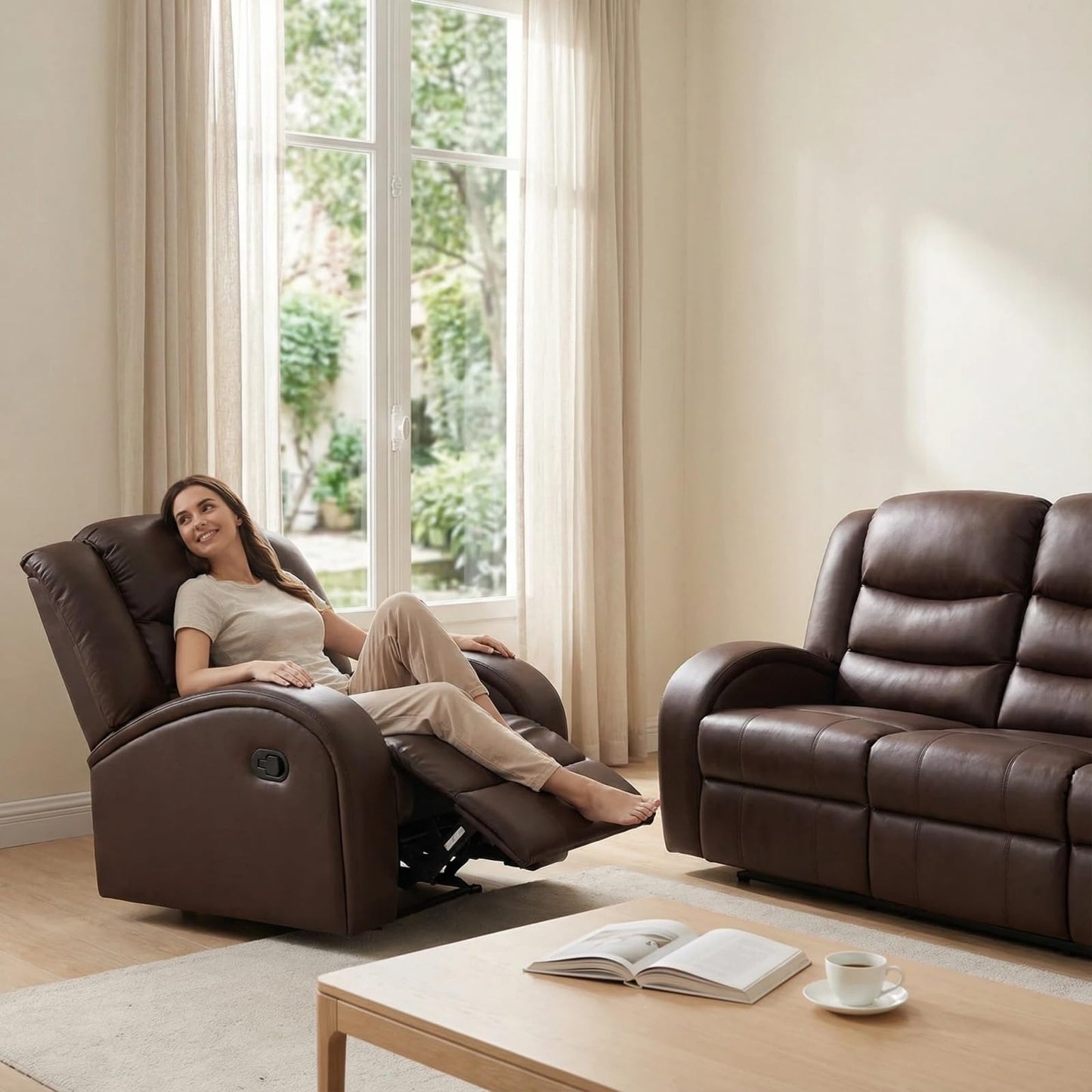 Trygoal Leather Recliner Sofa Set, Living Room Furniture Set, Adjustable Backrest Reclining 3-Seat Sofa & Manual Recliner Chair, Comfortable Reclining Seats for Home Theater, Apartment, Brown